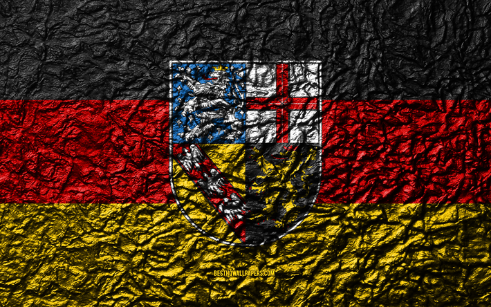 Flag of Saarland, 4k, stone texture, waves texture, Saarland flag, German state, Saarland, Germany, stone background, administrative districts, States of Germany