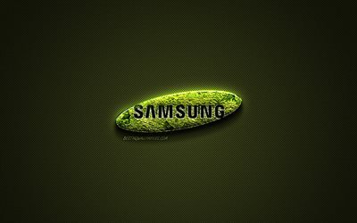 Logo de Samsung, verde logotipo de creative, arte floral logotipo, emblema de Samsung, verde textura de fibra de carbono, Samsung, arte creativo