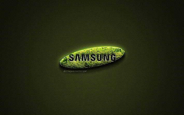 Samsung logo, yeşil yaratıcı logo, &#231;i&#231;ek sanat logosu, Samsung amblemi, yeşil karbon fiber doku, Samsung, yaratıcı sanat