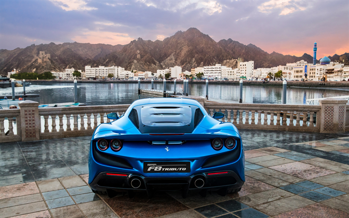 Ferrari F8 Tributo, 2019, la supercar italienne, bleu nouveau F8 Tributo, vue de l&#39;arri&#232;re, des voitures de sport italiennes, Ferrari