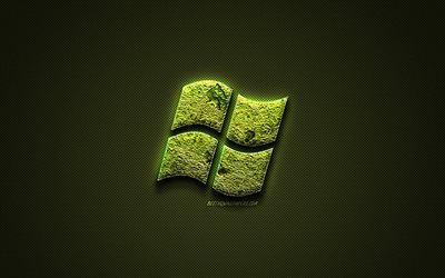 Logotipo de Windows, verde logotipo de creative, arte floral logotipo, emblema de Windows, verde textura de fibra de carbono, de Windows, de creadores de arte