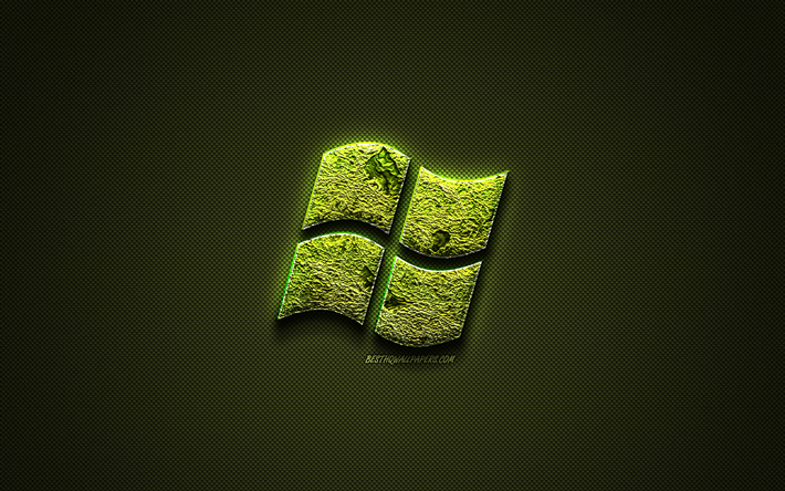 Windows logosu, yeşil yaratıcı logo, &#231;i&#231;ek sanat logo, Windows amblemi, yeşil karbon fiber doku, Windows, yaratıcı sanat