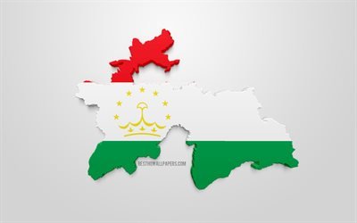 3d flag of Tajikistan, map silhouette of Tajikistan, 3d art, Tajikistan flag, Europe, Tajikistan, geography, Tajikistan 3d silhouette