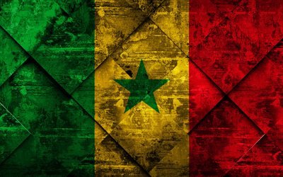Flag of Senegal, 4k, grunge art, rhombus grunge texture, Senegal flag, Africa, national symbols, Senegal, creative art
