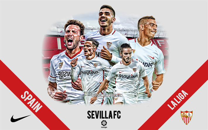 Sevilla FC, Espanjan football club, jalkapalloilijat, johtajat, Sevilla-logo, tunnus, Liiga, Sevilla, Espanja, creative art, jalkapallo, Andre Silva, Wissam Ben Yedder
