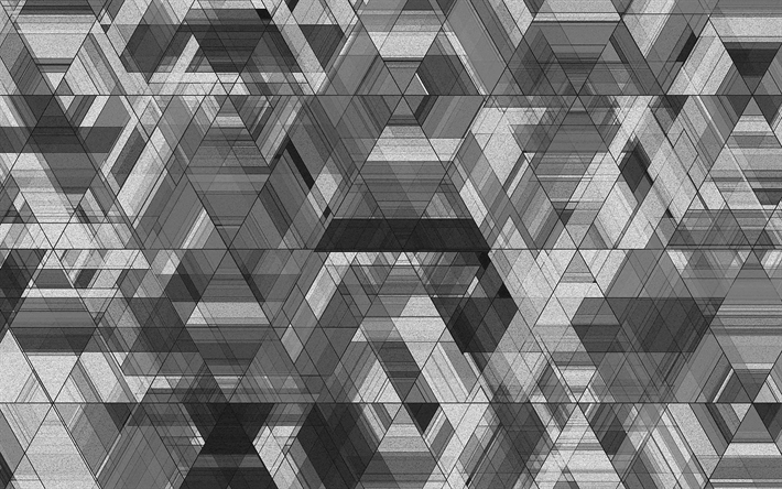 4k, triangles textures, gray triangles, geometry, gray backgrounds, gray abstract background, geometric shapes, triangles