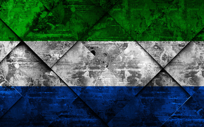 Lipun Sierra Leonessa, 4k, grunge art, rhombus grunge tekstuuri, Sierra Leonen lipun alla, Afrikka, kansalliset symbolit, Sierra Leonessa, creative art