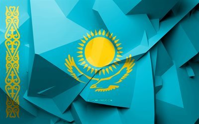 4k, Kazakistan Bayrak, geometrik sanat, Asya &#252;lkeleri, Kazakistan bayrak, yaratıcı, Kazakistan, Asya, Kazakistan 3D bayrak, ulusal semboller
