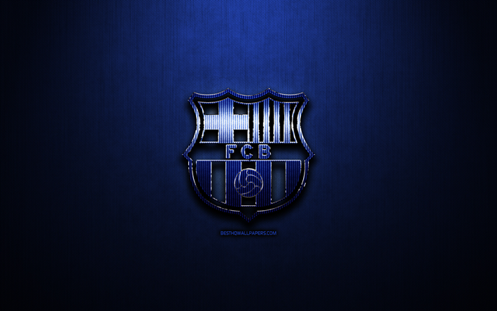 O Barcelona FC, metal azul de fundo, LaLiga, clube de futebol espanhol, FCB, f&#227; de arte, Barcelona logotipo, A Liga, futebol, O FC Barcelona, Espanha