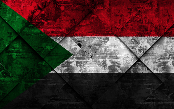 flagge von sudan, 4k, grunge, kunst, rhombus grunge-textur, sudan flagge, afrika, nationale symbole, sudan, kreative kunst