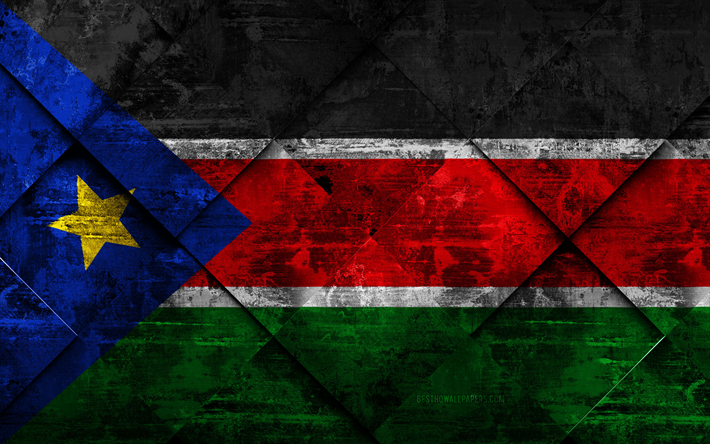 Bandiera del Sud Sudan, 4k, grunge, arte, rombo grunge, texture, Sud Sudanflag, Africa, simboli nazionali, il Sud Sudan, arte creativa
