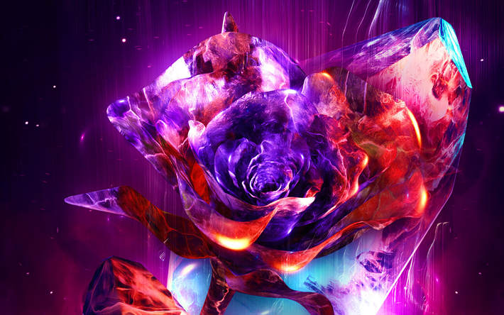 violetti 3D rose, 4k, neon valot, kuvitus, 3D art, cretive, 3D kukka, abstrakti rose, abstrakti kukkia