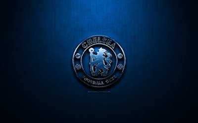 Chelsea FC, bl&#229; metall bakgrund, Premier League, engelska football club, fan art, Chelsea logotyp, fotboll, Chelsea, England