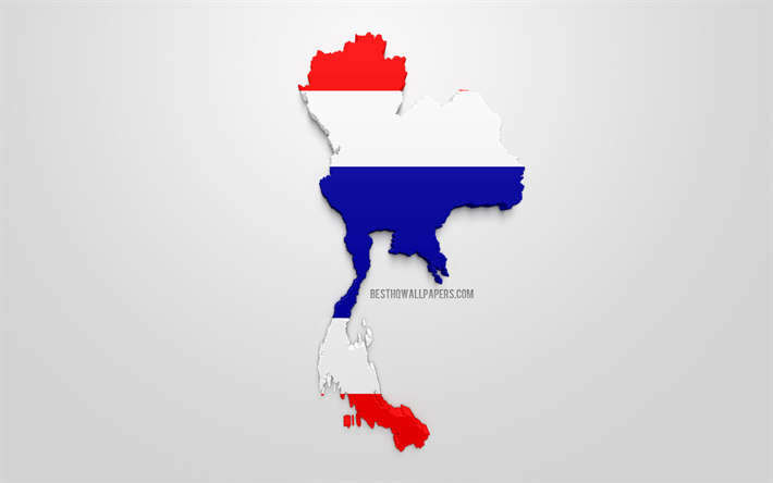 3d-flagge von thailand, landkarte mit silhouette von thailand, 3d-kunst, die thailand fahne, europa, thailand, geographie, thailand 3d-silhouette