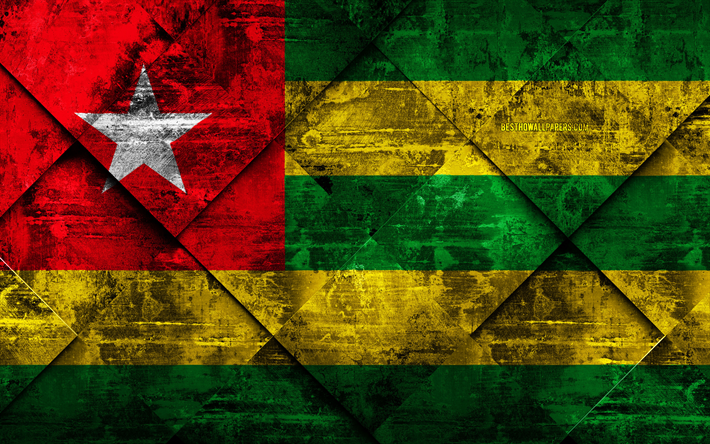 Togon lippu, 4k, grunge art, rhombus grunge tekstuuri, Afrikka, kansalliset symbolit, Togo, creative art