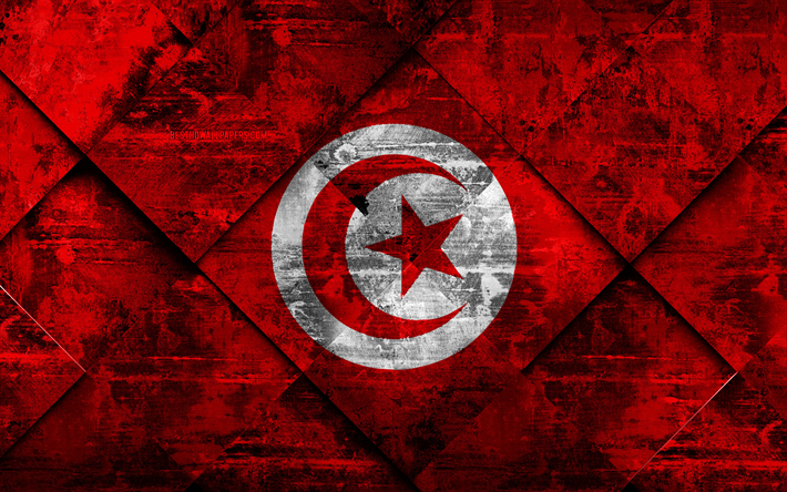 Flaggan i Tunisien, 4k, grunge konst, rhombus grunge textur, Tunisien flagga, Afrika, nationella symboler, Tunisien, kreativ konst