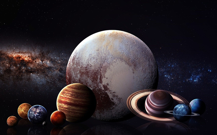 La tierra, Marte, Venus, Plut&#243;n, Urano, Neptuno, planetarios de la serie, el Mercurio, el sistema solar, planetas, galaxias, sci-fi, una nave espacial, J&#250;piter