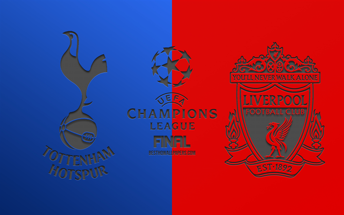 O Tottenham Hotspur FC vs Liverpool FC, partida de futebol, promo, 2019 Final da UEFA Champions League, vermelho-fundo azul, logotipos, textura de fibra de carbono, Tottenham vs Liverpool