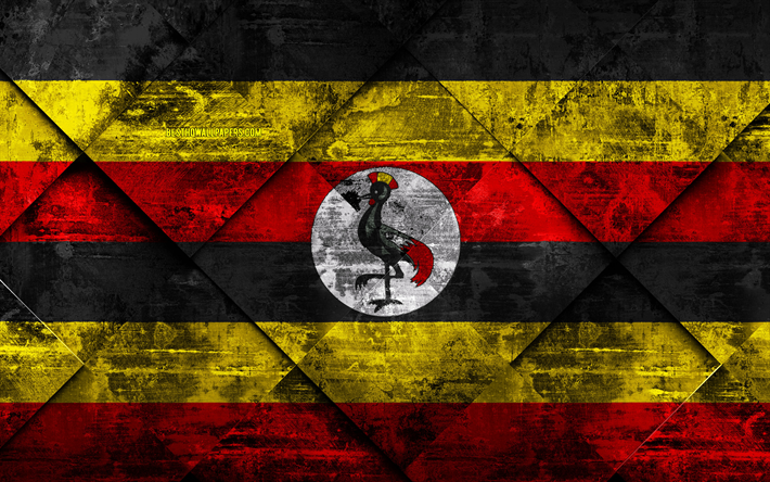 Flaggan i Uganda, 4k, grunge konst, rhombus grunge textur, Ugandas flagga, Afrika, nationella symboler, Uganda, kreativ konst