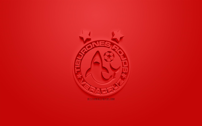 Tiburones Rojos de Veracruz, cr&#233;atrice du logo 3D, fond rouge, 3d embl&#232;me, Mexicain, club de football, la Liga MX, Veracruz, Mexique, art 3d, le football, l&#39;&#233;l&#233;gant logo 3d