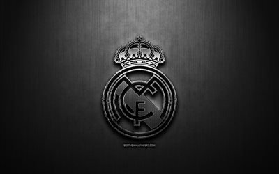 Real Madrid CF, siyah metal arka plan, UEFA Şampiyonlar Ligi, İspanyol Futbol Kul&#252;b&#252;, fan sanat, Real Madrid logo, LaLiga futbol, futbol, Real Madrid FC, İspanya