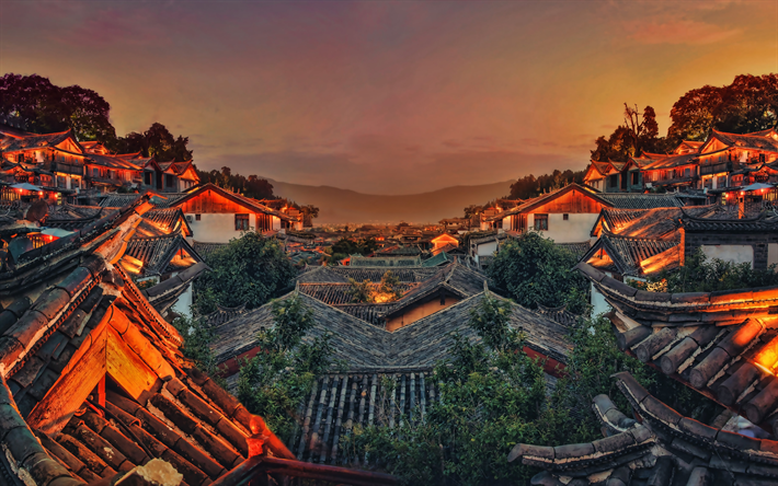 Aldeia chinesa, 4k, p&#244;r do sol, paisagens de cidade, asi&#225;tica aldeia, China, &#193;sia