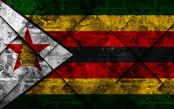 Bandeira do Zimbabu&#233;, 4k, grunge arte, rombo textura grunge, Zimbabwe bandeira, &#193;frica, s&#237;mbolos nacionais, Zimb&#225;bue, arte criativa