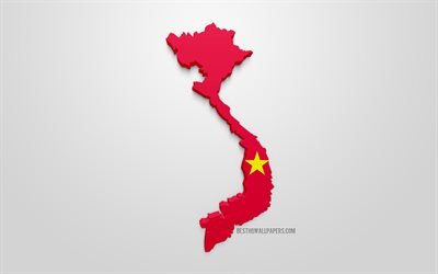 3d-flagge von vietnam, - karte silhouette vietnam, 3d-kunst, vietnam, fahne, europa, geographie, vietnam 3d-silhouette