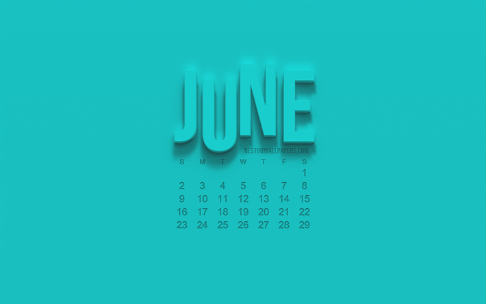 2019 junio de Calendario, de junio de turquesa 3d calendario de 2019 calendarios, fondo de color turquesa, 3d, arte, creativo de junio de 2019 calendarios