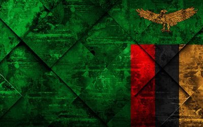 flagge von sambia, 4k, grunge, kunst, rhombus grunge-textur, sambia flagge, afrika, nationale symbole, sambia, kreative kunst