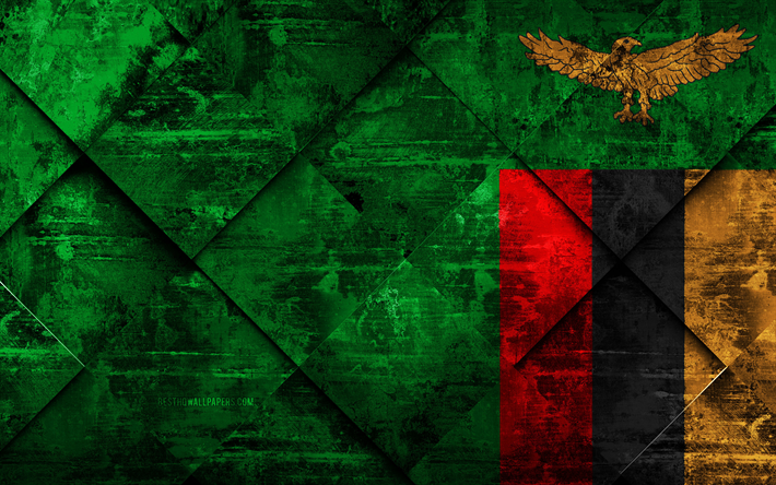 Sambian lippu, 4k, grunge art, rhombus grunge tekstuuri, Afrikka, kansalliset symbolit, Sambia, creative art