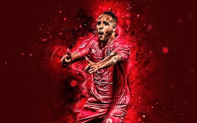 Youssef El-Arabi, 4k, marockanska fotbollsspelare, Al-Duhail SC, fotboll, fram&#229;t, Al-Duhail FC, neon lights, Qatar