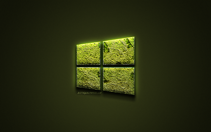 windows-10-logo, green creative-logo, floral-art-logo, windows-10 wappen -, gr&#252;n-carbon-faser-textur, windows 10, creative art, windows