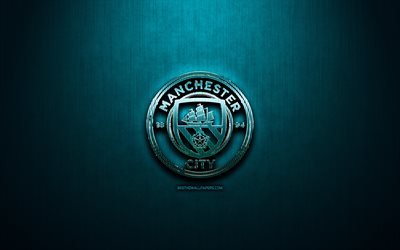 Il Manchester City FC, blu, metallo, sfondo, Premier League, il club di calcio inglese, fan art, il Manchester City logo, calcio, Manchester City, Inghilterra