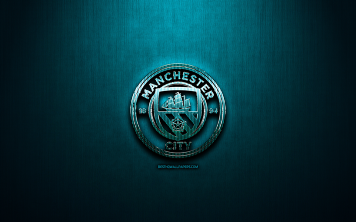 El Manchester City FC, de metal de color azul de fondo, de la Premier League, el club de f&#250;tbol ingl&#233;s, fan art, Manchester logotipo de la Ciudad, de f&#250;tbol, de la Ciudad de Manchester, Inglaterra