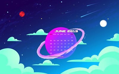 4k, June 2019 Calendar, abstract space, 2019 June calendar, violet planet, creative, June 2019 calendar with moon, Calendar June 2019, June 2019, 2019 calendars