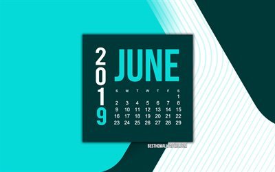 2019 Juni Kalender, turkos abstrakt bakgrund, turkos geometriska bakgrund, material och design, 2019 kalendrar, Juni, kreativ konst kalender f&#246;r juni 2019, turkos kreativ bakgrund