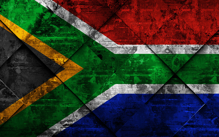 旗の南アフリカ, 4k, グランジア, 菱グランジの質感, 南アフリカフラグ, アフリカ, 国立記号, 南アフリカ, 【クリエイティブ-アート