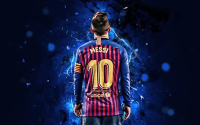 Lionel Messi, estrelas do futebol, vista posterior, O Barcelona FC, argentino de futebol, FCB, macth, A Liga, Messi, Leo Messi, luzes de neon, LaLiga, Espanha, Barca, futebol