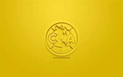 Club America, kreativa 3D-logotyp, gul bakgrund, 3d-emblem, Mexikansk fotboll club, Liga MX, Mexico City, Mexiko, 3d-konst, fotboll, snygg 3d-logo