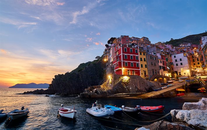 Cinque Terre, Riomaggiore, kv&#228;ll, sunset, bay, resort, seascape, Medelhavet, Italien