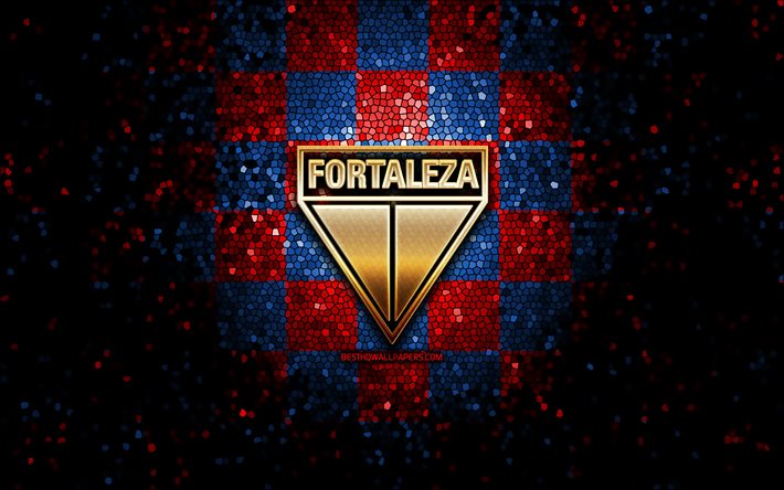 Fortaleza FC, glitter logo, Serisi, Mavi, Kırmızı kareli arka plan, futbol, Fortaleza EC, Brezilya Futbol Kul&#252;b&#252;, Fortaleza logo, mozaik sanatı, Brezilya
