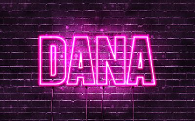 دانا, 4k, خلفيات أسماء, أسماء الإناث, اسم دانا, الأرجواني أضواء النيون, عيد ميلاد سعيد دانا, الصورة مع اسم دانا
