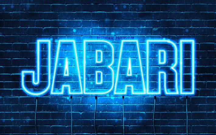 Jabari, 4k, sfondi per il desktop con i nomi, il testo orizzontale, Jabari nome, Felice Compleanno Jabari, neon blu, foto con Jabari nome