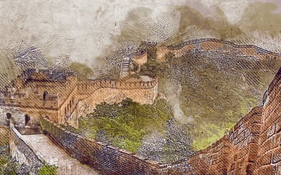 Great Wall of China, grunge art, creative art, painted Great Wall of China, drawing, Great Wall of China abstraction, digital art