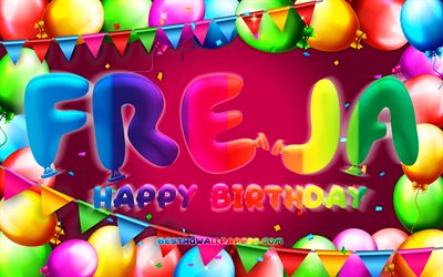 Happy Birthday Freja, 4k, colorful balloon frame, Freja name, purple background, Freja Happy Birthday, Freja Birthday, popular swedish female names, Birthday concept, Freja