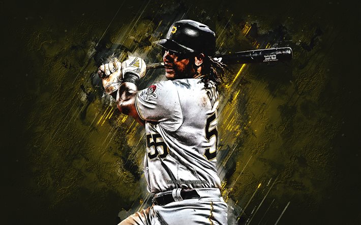 Josh Bell, Pittsburgh Pirates, MLB, american baseball player, portrait, yellow stone background, baseball, Major League Baseball, Joshua Evan Bell