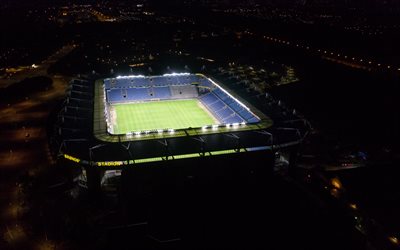 Brondby Stadium, Danish football stadium, evening, night, football match, Brondby IF Stadium, Danish Superliga, Brondby IF, Denmark