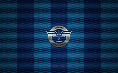 Adana Demirspor logo, Turkish football club, metal emblem, blue metal mesh background, TFF 1 Lig, Adana Demirspor, TFF First League, Adana, Turkey, football