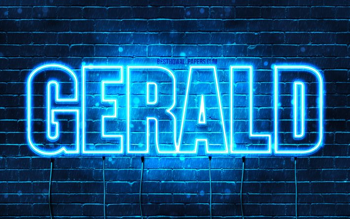 Gerald, 4k, fondos de pantalla con los nombres, el texto horizontal, Gerald nombre, Feliz Cumplea&#241;os Gerald, luces azules de ne&#243;n, de la imagen con el nombre de Gerald